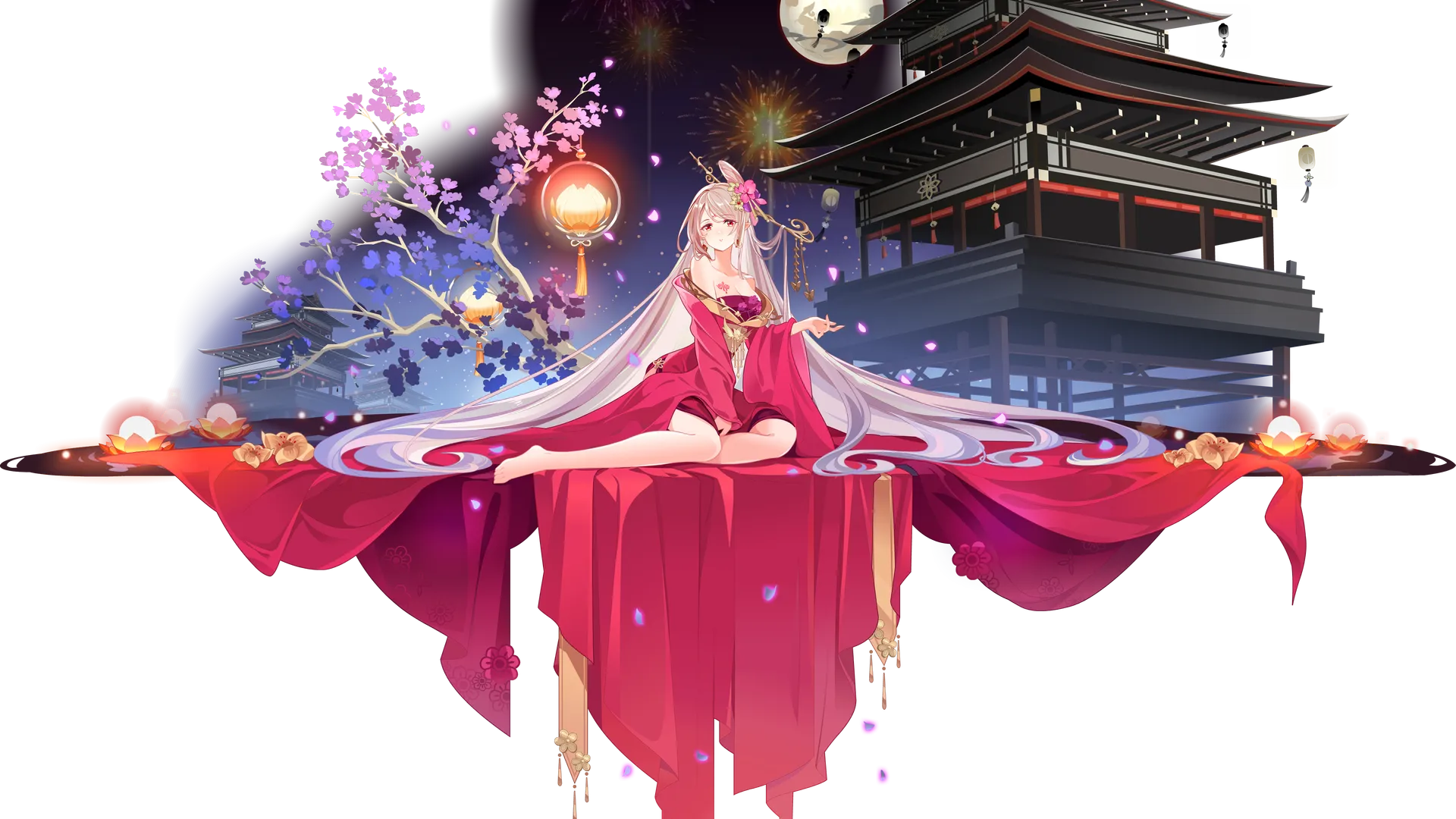 红眼长发动漫女孩，中国风4K月亮壁纸。