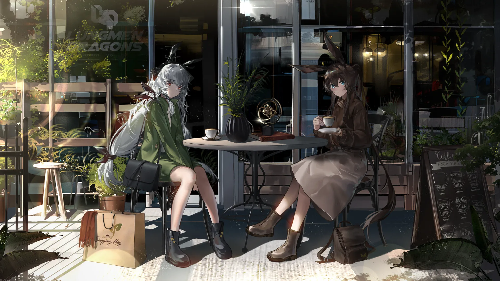 猫耳少女窗边品咖啡，阳光绿植温馨动漫风