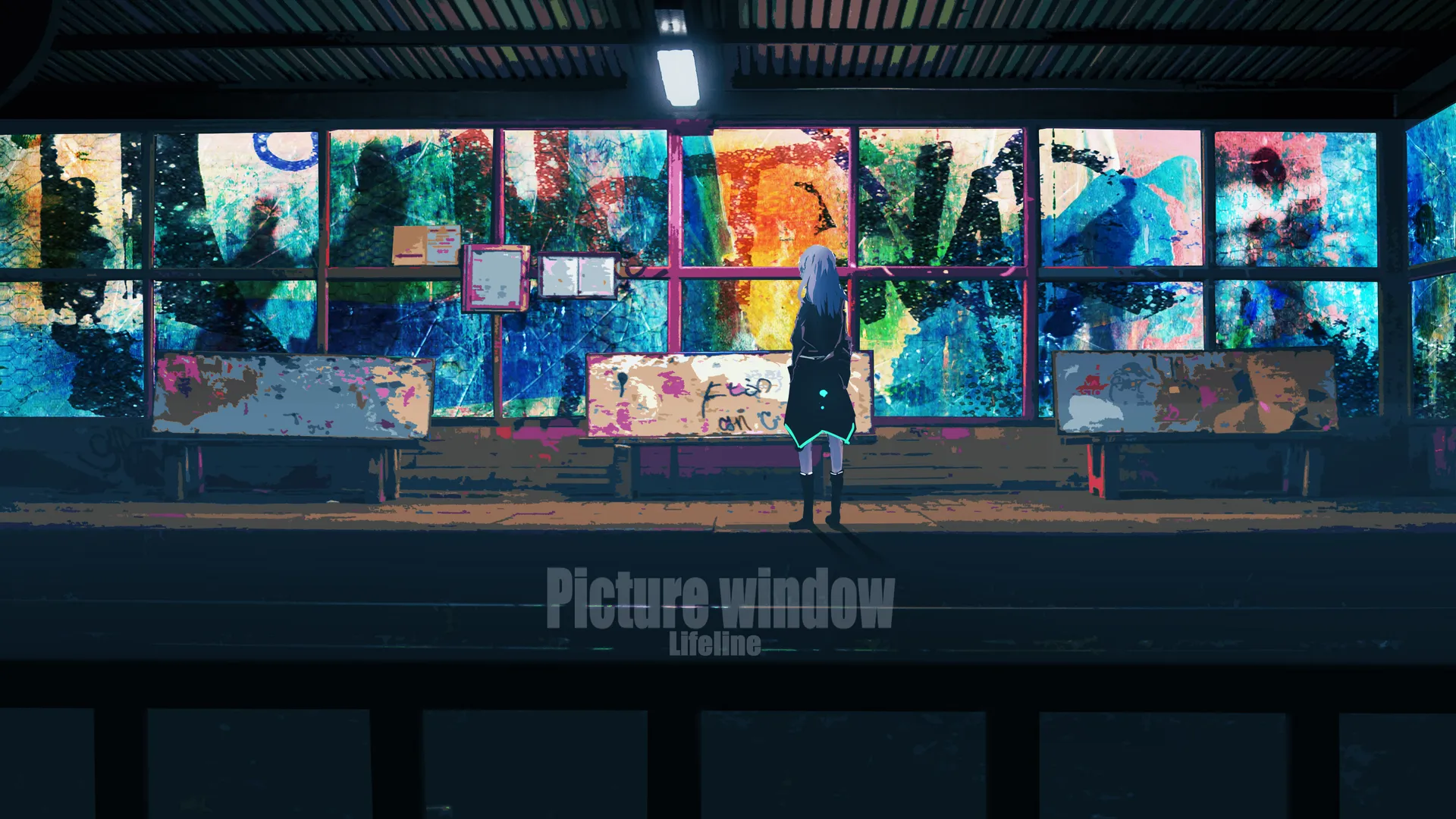 动漫蓝发女孩火车站涂鸦，原创人物生命线。