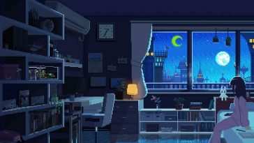 月光午夜Lo-Fi像素风动态壁纸：静谧卧室夜景，月亮与枕畔氛围感