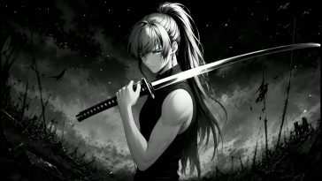 武士少年动态壁纸｜单色风动漫角色，蓝眼白发马尾，耳环伤痕细节高清