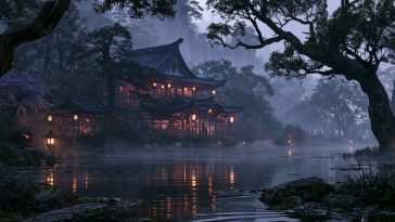 东亚风格夜景动态壁纸：雾中凉亭与森林草地提灯意境